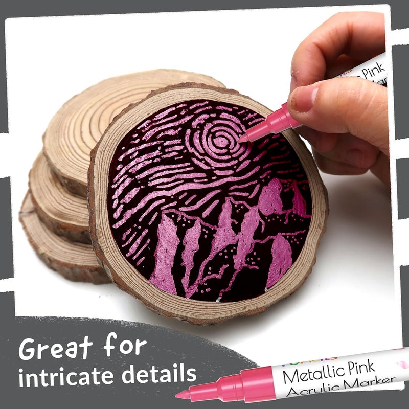 Funcils 5 Acrylic Metallic Pink Paint Pen - Extra Fine Tip, Thin & Jumbo (1mm, 3mm, 6mm, 10mm, 15mm) - Paint Markers for Metal, Rocks, Plastic, Canvas, Wood, Fabric, Tire, Glass. Pink Permanent Marker - Image 4